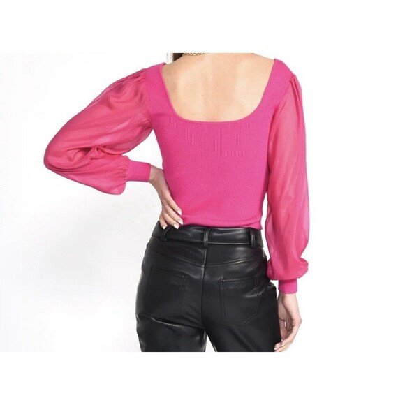 Adelyn Rae Britt Sheer Puff Sleeve Ribbed Knit Top In Party Pink Women's Small - Picture 8 of 8